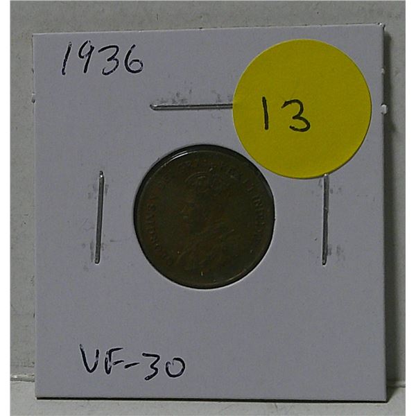 Canadian 1936 Small Cent. The last cent issued for King George V. VF-30.
