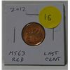 Image 1 : 2012 Canadian Small Cent. The last cent issued. MS-63 Red.