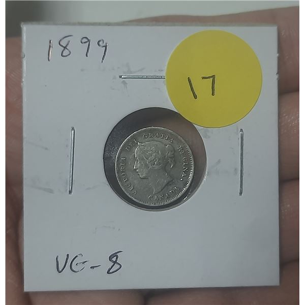 1899 Canadian Victorian Silver 5 Cents. VG-8.