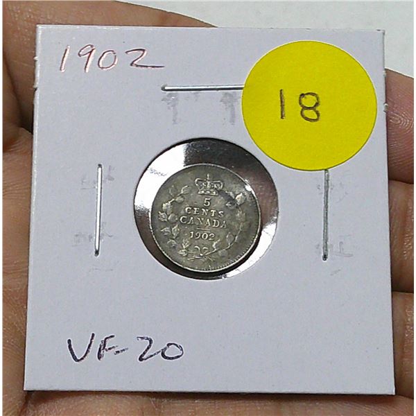 1902 Canadian Silver 5 Cents. The first Silver 5 Cents issued for King Edward VII. VF-20.