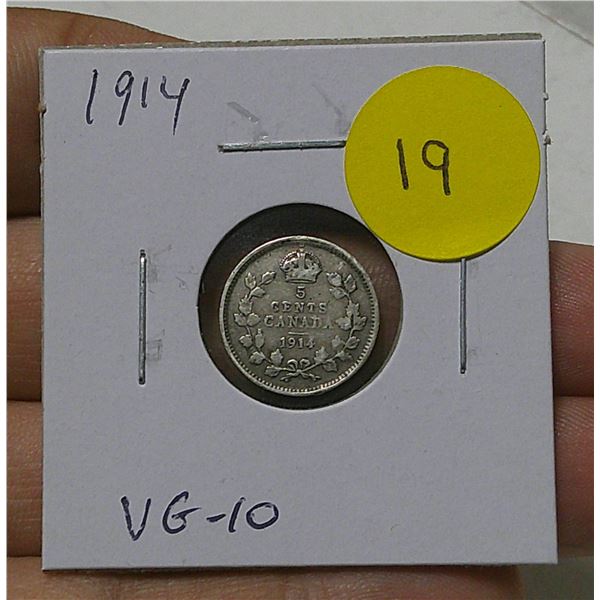 1914 Canadian Silver 5 Cents. Issued the first year of World War I. VG-10.