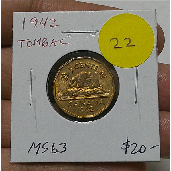 1942 Tombac 5 Cents. The first of 2 Tombac 5 Cents issued during World War II. MS-63.