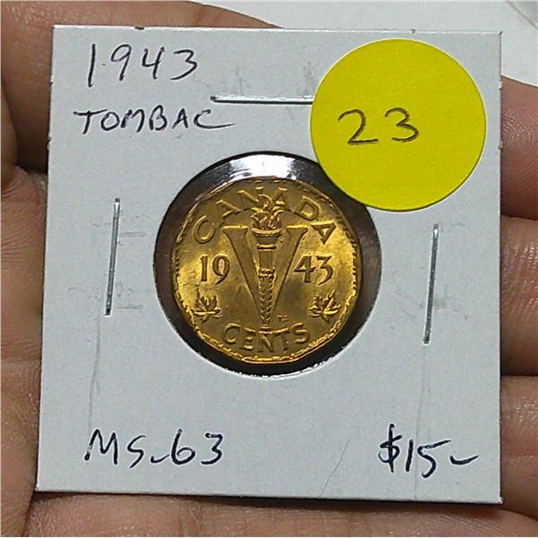 1943 Tombac 5 Cents. The last of 2 Tombac 5 Cents issued during World War II. MS-63.