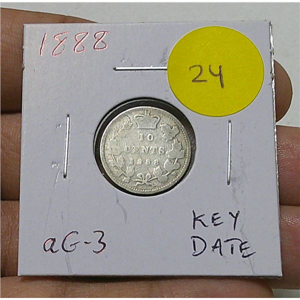 1888 Canadian Victorian Silver 10 Cents. Key Date. aG-3 with readable date.