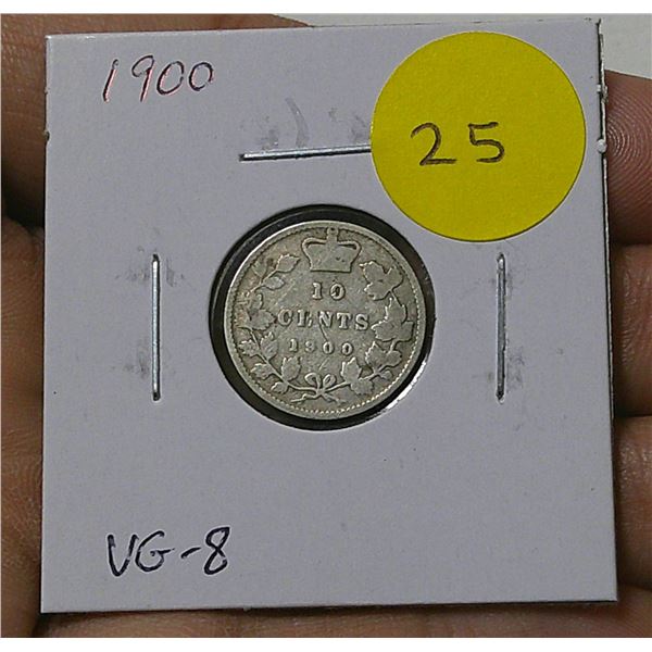 1900 Canadian Victorian Silver 10 Cents. VG-8.
