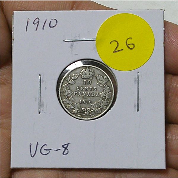 1910 Canadian Silver 10 Cents. The last 10 Cents issued for King Edward VII. VG-8.