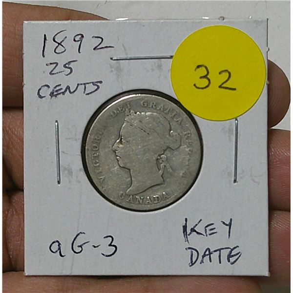 1892 Canadian Victorian Silver 25 Cents. aG-3 with readable date. Key Date.