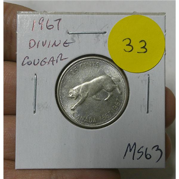 1967 Diving Cougar Silver 25 Cents. There is a Die Rotation, so it appears that the Cougar is Diving