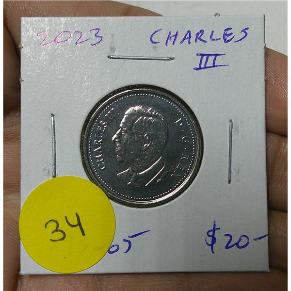 2023 Canadian King Charles III 25 Cents. The first issue for the new king. MS-65. Gem.