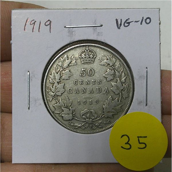 1919 Canadian Silver 50 Cents. VG-10.