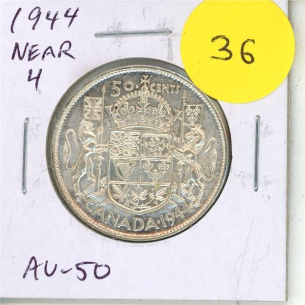 1944 Near 4 Canadian Silver 50 Cents. World War II issue. AU-50 with Lustre.