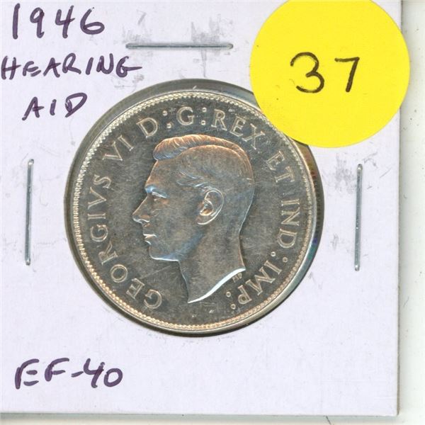 1946 Hearing Aid Canadian Silver 50 Cents. There is a Hearing Aid in the king’s ear from a 