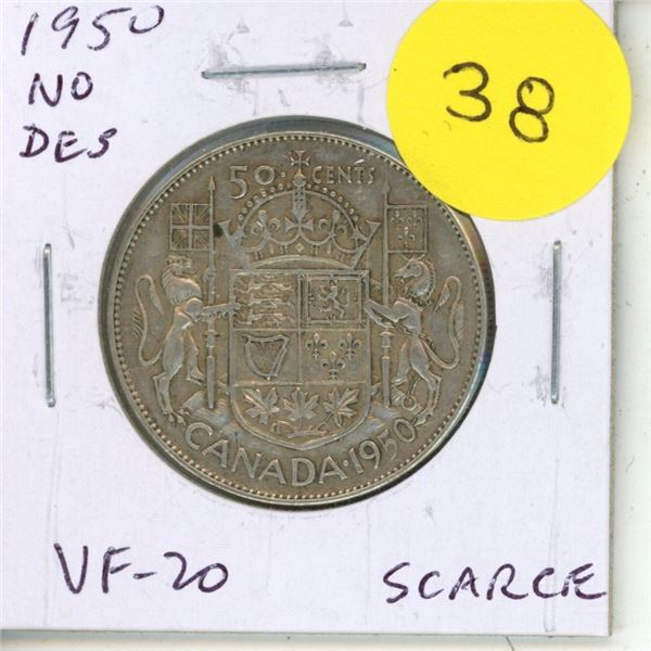 1950 No Design in Zero Canadian Silver 50 Cents. Scarce No DES. VF-20.