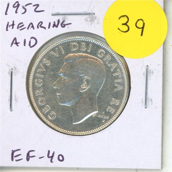 1952 Hearing Aid Canadian Silver 50 Cents. There is a Hearing Aid in the king’s ear from a 