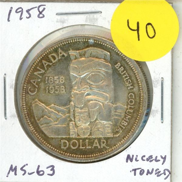 1858 – 1958 Canadian Silver Dollar. Commemorates the 100th Anniversary of British Columbia 