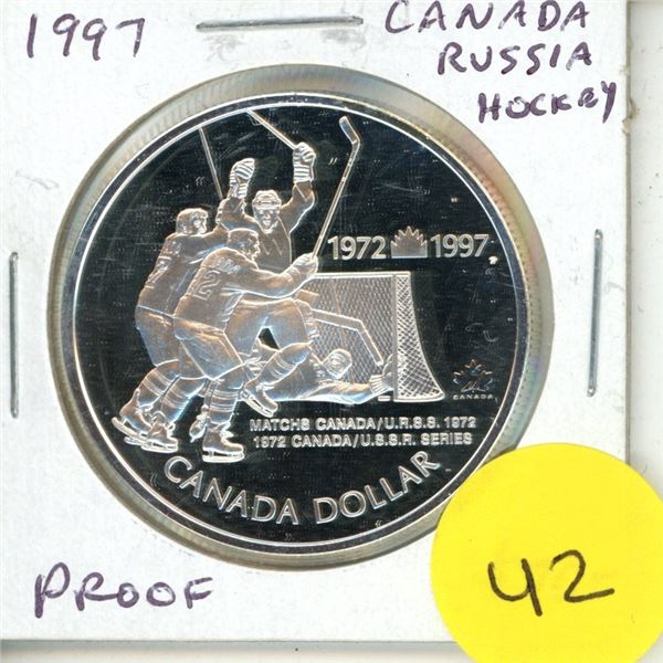 1997 Canadian Silver Dollar. Commemorates the epic 1972 Canada-Russia Hockey Series. Proof with Ultr