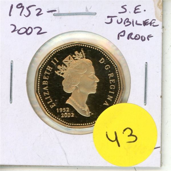 1952 – 2002 Special Edition Jubilee Queen Elizabeth Loonie Dollar. Commemorates the 50th An