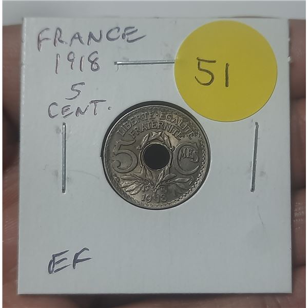 France. 1918 5 Centimes. Issued during the last year of World War I. EF.