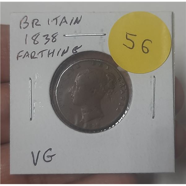 Great Britain. 1838 Farthing. First issue for Queen Victoria. VG.