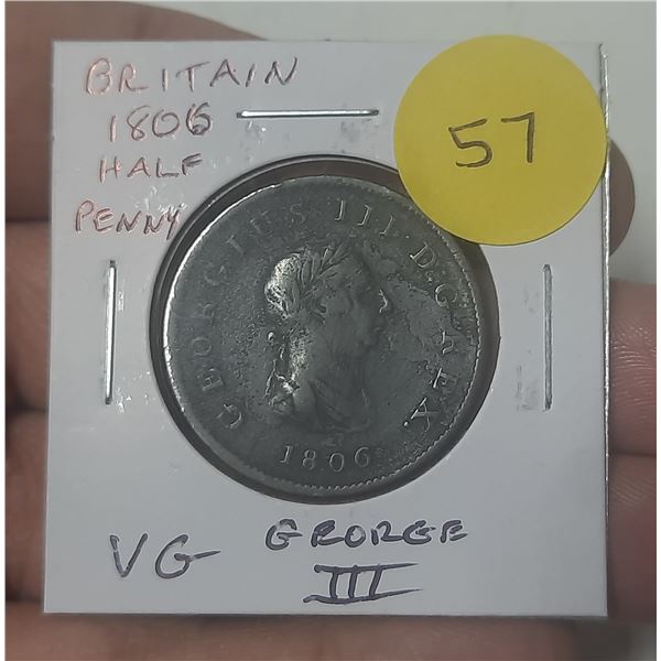 Great Britain. 1806 Half Penny. George III. VG.