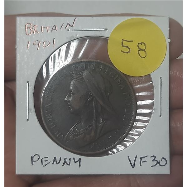Great Britain. 1901 Penny. Last issue of Queen Victoria. VF-30.