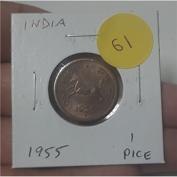 India. 1955 1 Pice. Horse/Tigers. Uncirculated.