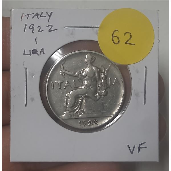 Italy. 1922 1 Lira. Issued the first year of Mussolini’s fascist government. VF.