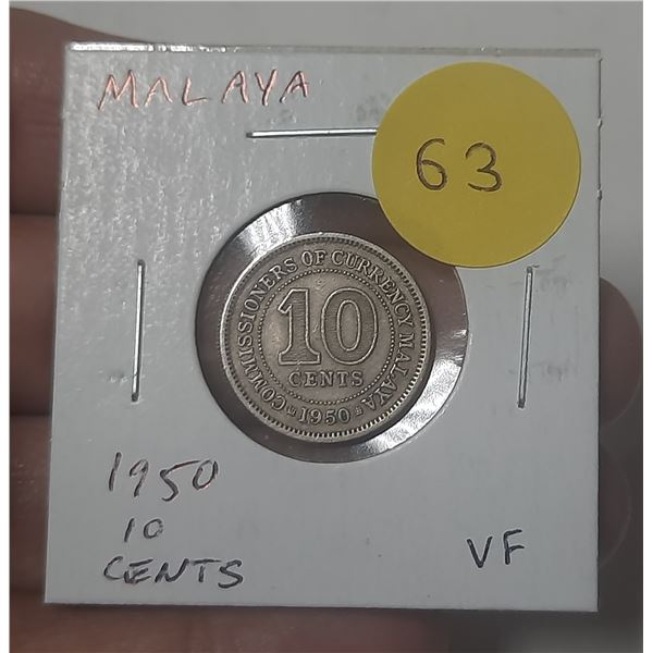 Malaya. 1950 10 Cents. King George VI. VF.