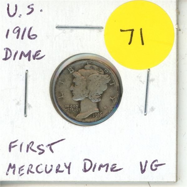 U.S. 1916 Silver Dime. The first Mercury Dime. VG.