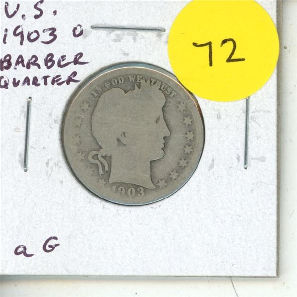 U.S. 1903 O Silver Barber Quarter. New Orleans Mint. About Good.
