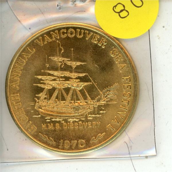 1970 Vancouver Trade Dollar. Commemorates the 8th Annual Vancouver Sea Festival. HMS Discovery. BU.