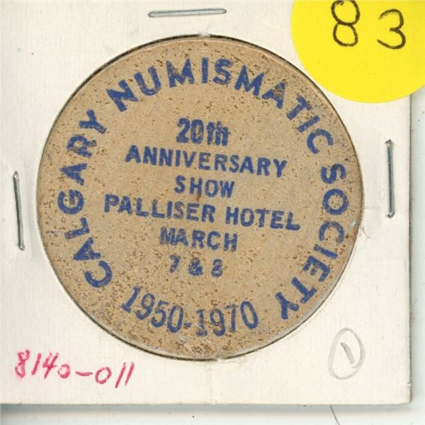 1950 – 1970 Calgary Numismatic Society Wooden Nickel. AU.