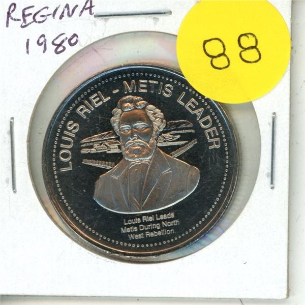 1980 Regina Trade Dollar. Commemorates Louis Riel, Metis leader of the Riel Rebellion. BU.