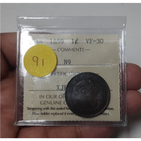 Canadian Victorian 1859 Narrow 9 Large Cent. ICCS certified and graded VF-30.