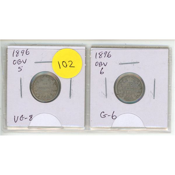 Set of 2 1896 Canadian Silver 10 Cents with different Obverses. Obverse 5 & Obverse 6. G-6 to VG-8.