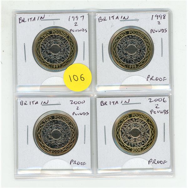 Great Britain. Set of 4 2 Pounds coins. All are bi-metallic and Proof.