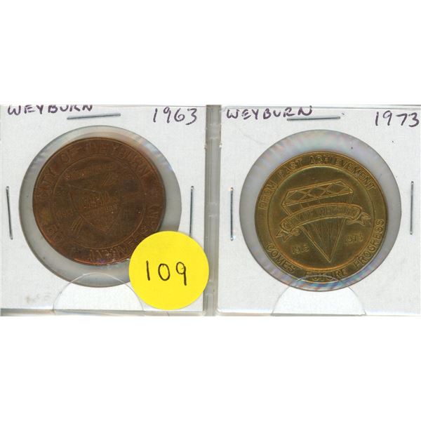 Set of 2 Weyburn, Saskatchewan medals that commemorate the 50th and 60th Anniversaries of the City o
