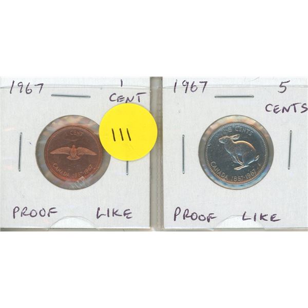 Set of 2 1967 Proof Like Coins: 1 Cent and 5 Cents.