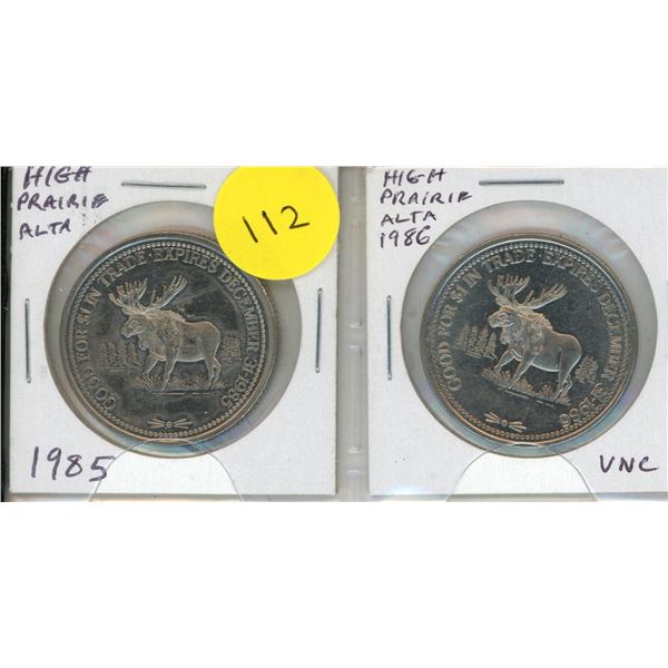 Set of 2 High Prairie Alberta Trade Dollars from 1985 and 1986. Moose on both. Unc.