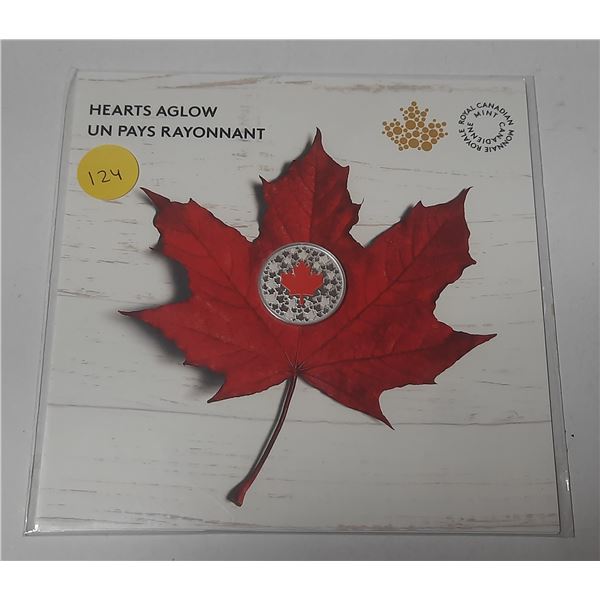 2018 Hearts Aglow $5. Colourized Red Maple Leaf. 99.99% pure Silver. Housed in its original unopened