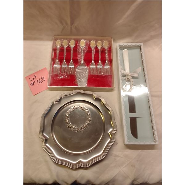 Vintage Wedding/Anniversary Serving Lot – 3 Pieces - Elegant pewter-tone 12" scalloped tray