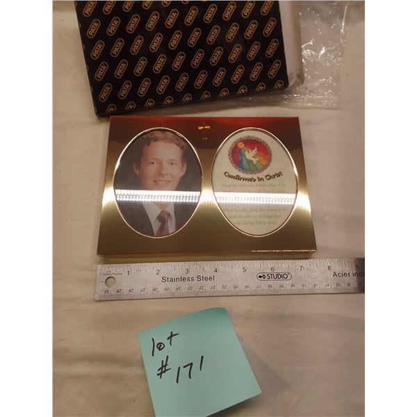 Vintage Catholic Confirmation photo frame with stand, featuring a portrait oval beside a colorful "C