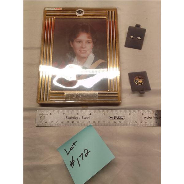 Vintage 1980s Graduation Frame with Original Tassel Earrings & Class Pin - Original gold-and-black m