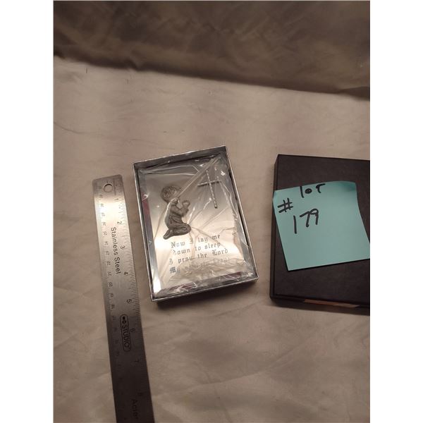 Vintage silver-tone metal bedside prayer plaque featuring a sweet kneeling boy in prayer beside a cr