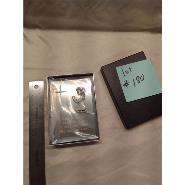 Vintage silver-tone metal bedside prayer plaque featuring a sweet kneeling girl in prayer beside a c