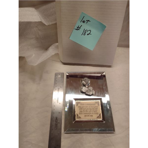 Beautiful mirrored First Holy Communion keepsake plaque featuring a raised silver chalice, host, and