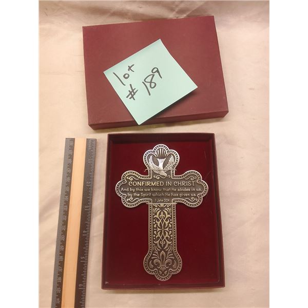 Beautiful pewter Confirmation wall cross in original gift box. Features a raised dove (Holy Spirit) 