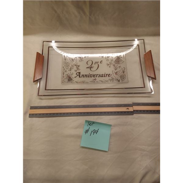 Vintage 25e Anniversaire glass serving tray with elegant etched silver anniversary design featuring 