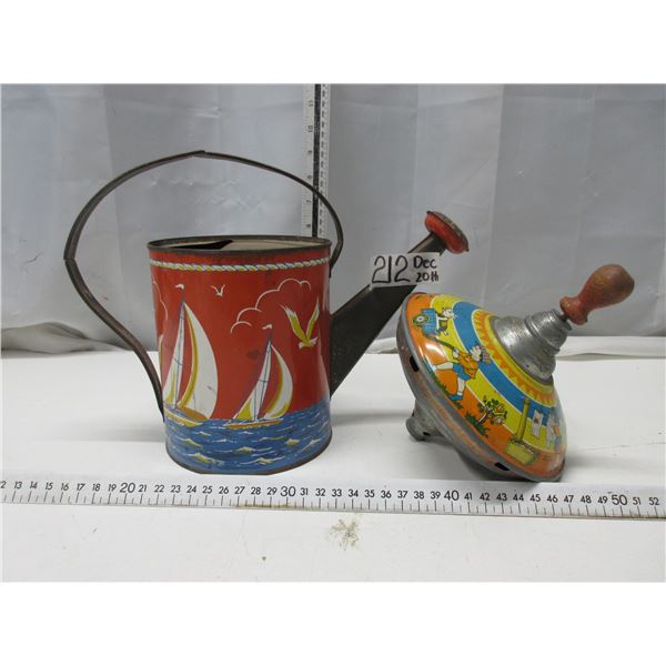 2 Tin Toys Spin Top and Water can