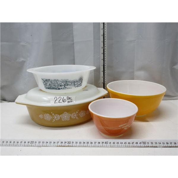 Collection of 4 Different Patterned Pyrex Bowls Etc.